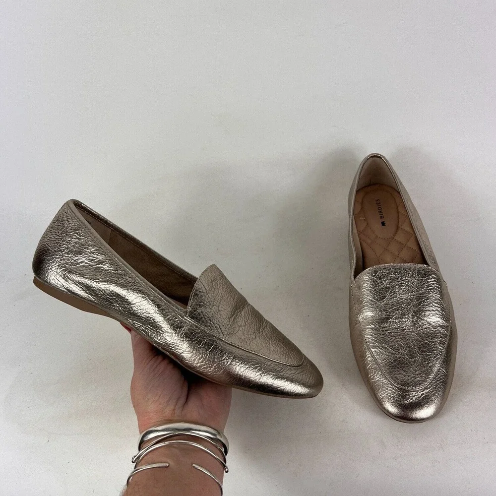 Birdies The Vesper women's size 8 gold leather flat slip on almond toe loafers